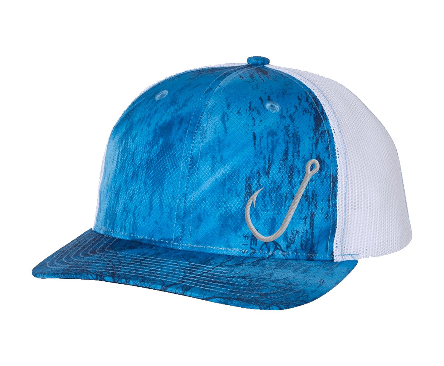 Men's Fish Hook Embroidered Outdoors Realtree Fishing Camo Mesh Back  Trucker Hat, Blue/White 