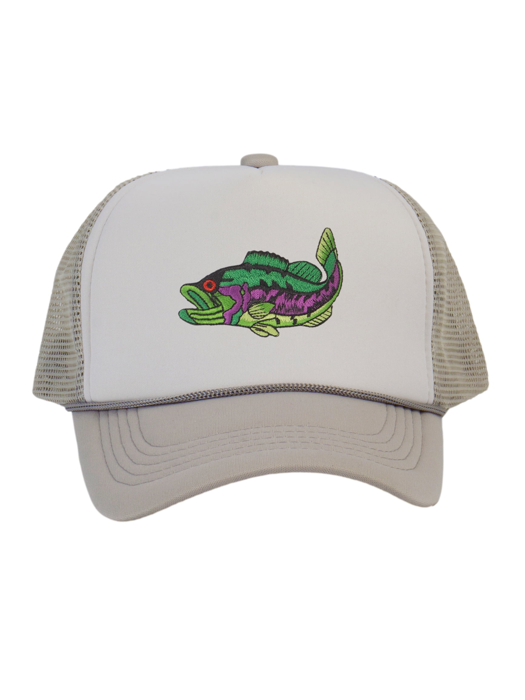 Men's Fishing Cap Outdoor Bass Fisherman Trucker Hat, White/Lt Grey