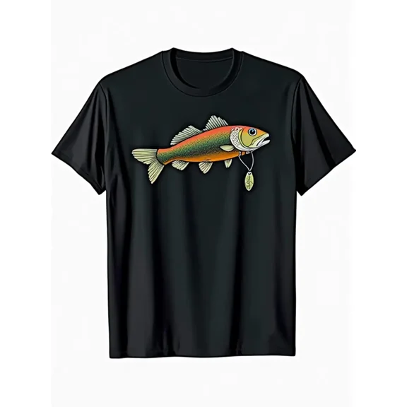 Men's Fishing Graphic T-Shirt - Colorful Trout Fish Design with Lure in Mouth, Black Outdoor Enthusiast Apparel, Comfortable Casual Wear for Anglers & Fishing Trips, Durable