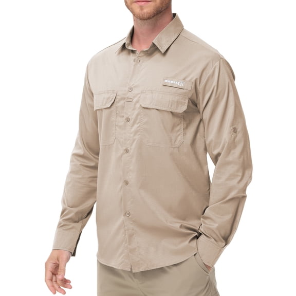 Zehisen Men's Fishing Shirt Long Sleeve UPF 50 Sun Protection Quick Dry Cooling Shirt for Hiking Camping Safari Outdoor Travel Khaki L