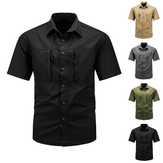 Men's Fishing Shirt Tactical Button Down Short Sleeve Work Shirt with Pockets Breathable Sun Protection for Hiking Casual Outdoor Plus Size