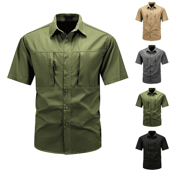 Men's Fishing Shirt Tactical Button Down Short Sleeve Work Shirt with Pockets Breathable Sun Protection for Hiking Casual Outdoor Plus Size