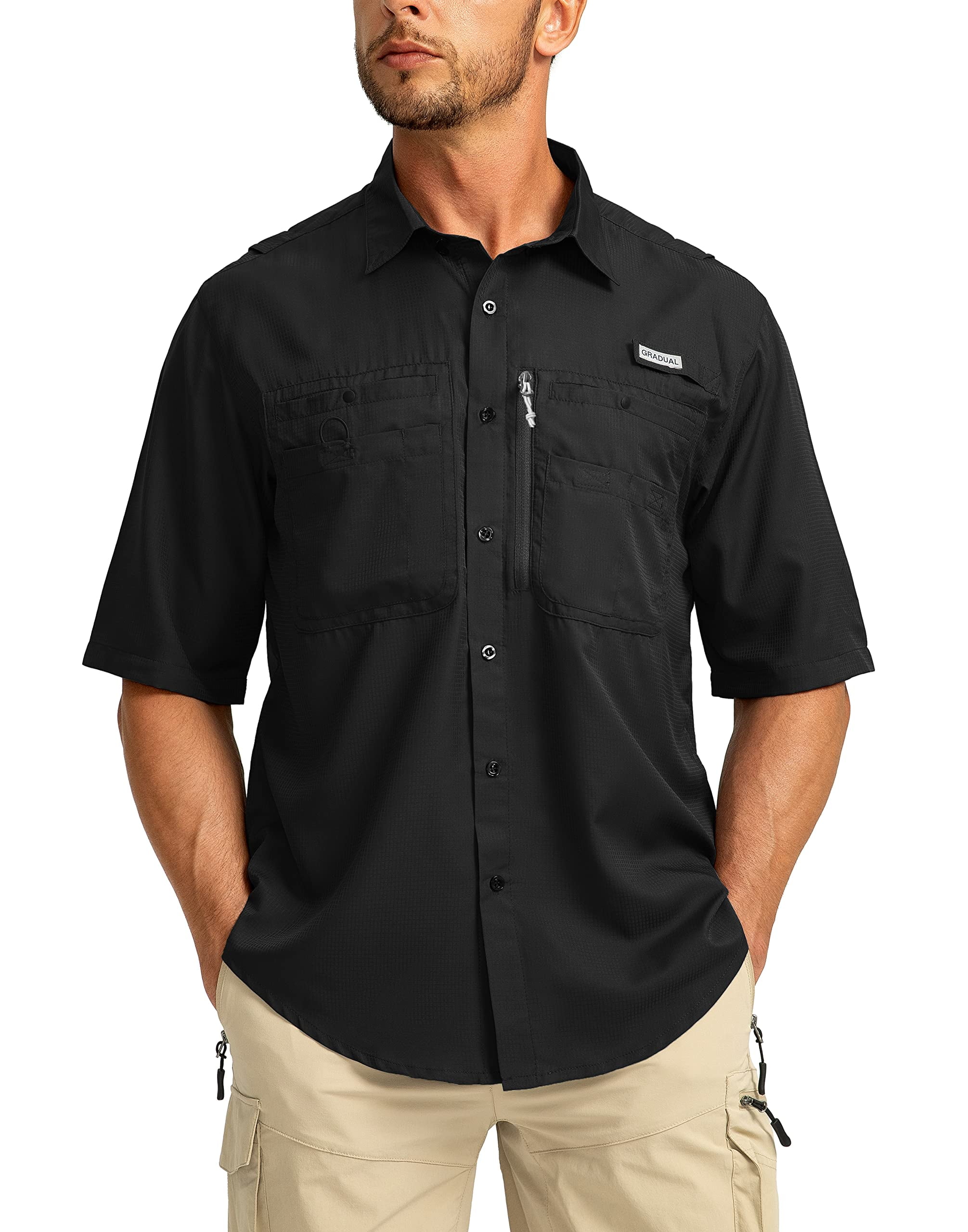 Men's Fishing Shirts with Zipper Pockets UPF 50+ Lightweight Cool Short  Sleeve Button Down Shirts for Men Casual Hiking(Black, Large) 