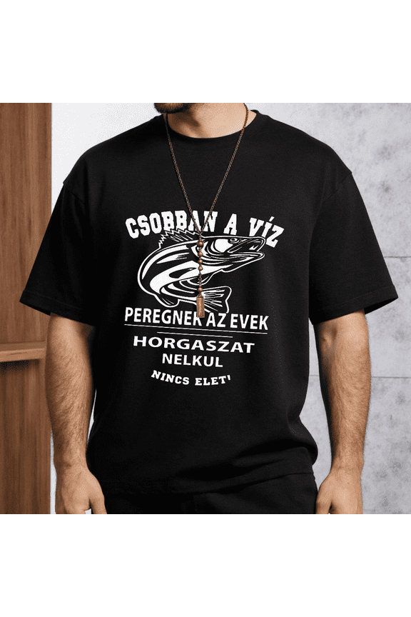 Men's Fishing Themed T-Shirt Leaping Fish Hungarian Text M-5XL