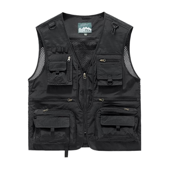 Men's Fishing Vest, Utility Safari Travel Vest, Men's Mesh Fishing Vest Multi Pockets Photography Outdoor Jacket with Pockets Outdoor Work Fly Summer Vest - Size L - Black