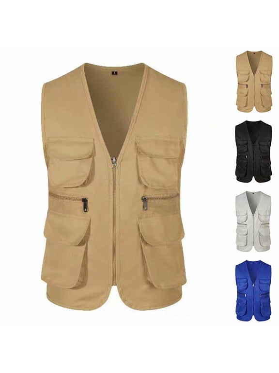 Men's Fishing Vest Zip Front Sleeveless Jacket Cargo Vest Jacket Multi Pockets for Summer Travel Outdoor Work Photo Cargo Black 2Xl by Awwp