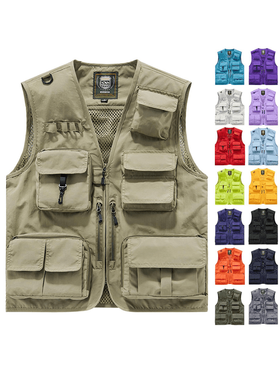 Men's Fishing Vest Zipper V Neck Lightweight Utility Multi Pockets Breathable Outdoor Work Safari Hiking Cargo Vest Jacket