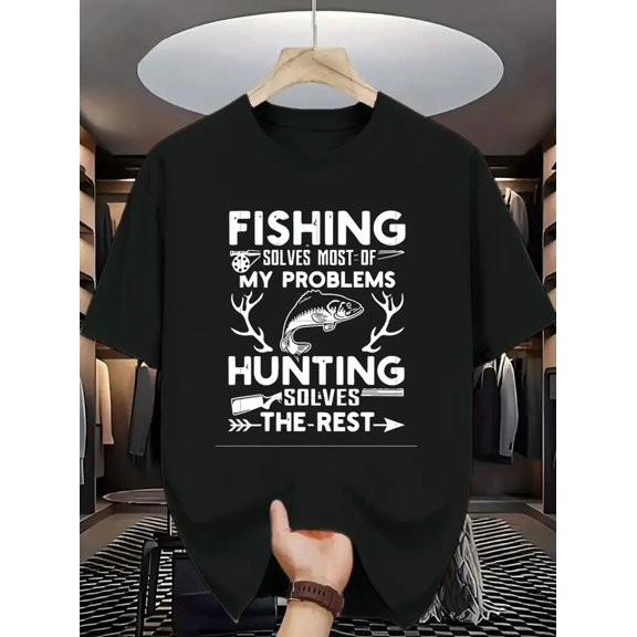 Men's Fishing and Hunting Graphic T-Shirt, Funny Outdoor Hobby Short Sleeve Tee