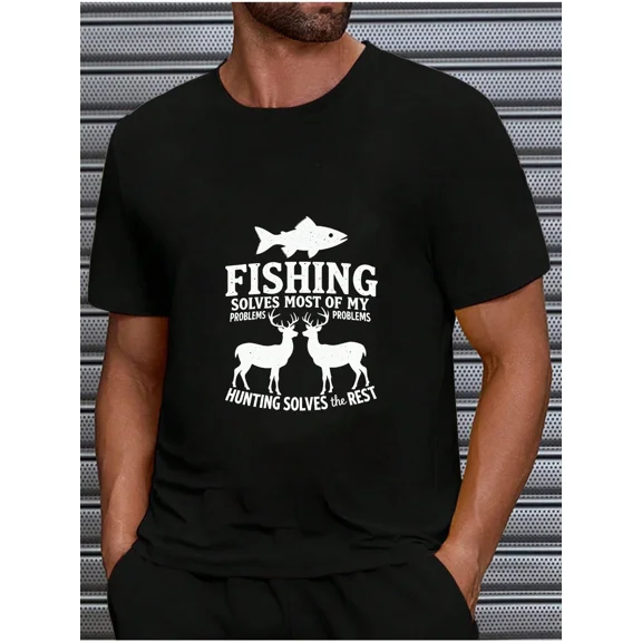 Men's Fishing and Hunting Graphic T-Shirt, Funny Outdoor Sports Short Sleeve Tee, Black