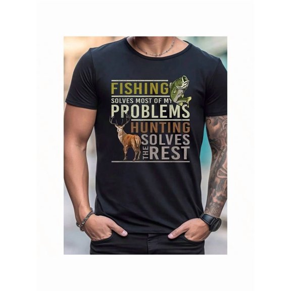 Men's Fishing and Hunting Graphic T-Shirt, Funny Outdoors Quote Short Sleeve Tee, Black