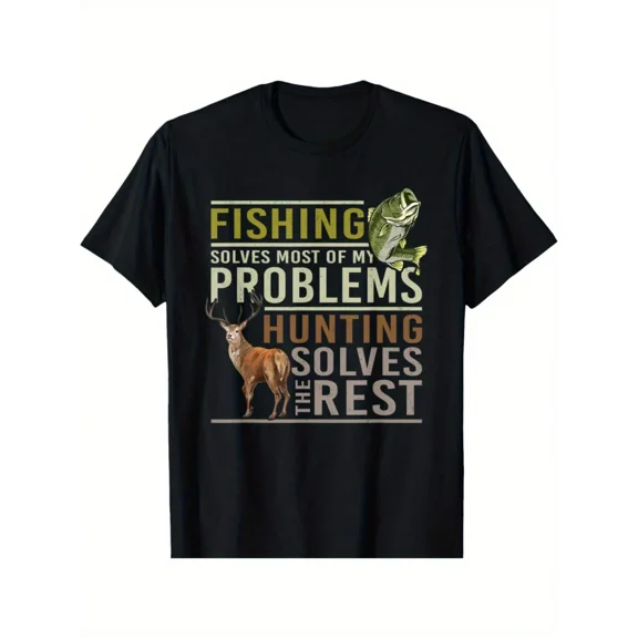 Men's Fishing and Hunting Graphic T-Shirt, Funny Outdoorsman Short Sleeve Tee, Bass and Deer Design