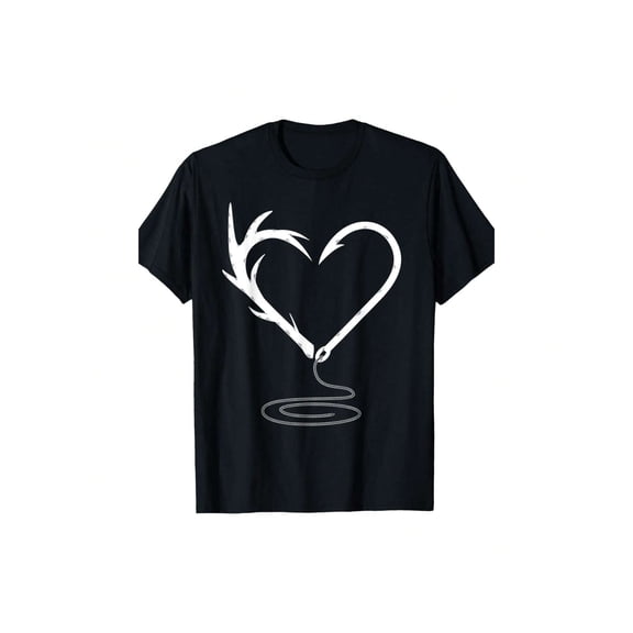 Men's Fishing and Hunting Heart Antler Hook Graphic T-Shirt Outdoor Sportsman Tee