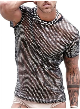 Men's Fishnet Shirt Long Sleeve Hollow-Out T-Shirt See-Through Tops for Men  
