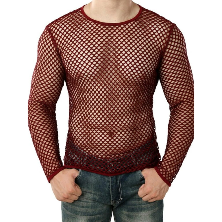 Men's Fishnet Shirt Long Sleeve Hollow-Out T-Shirt See-Through Tops for Men