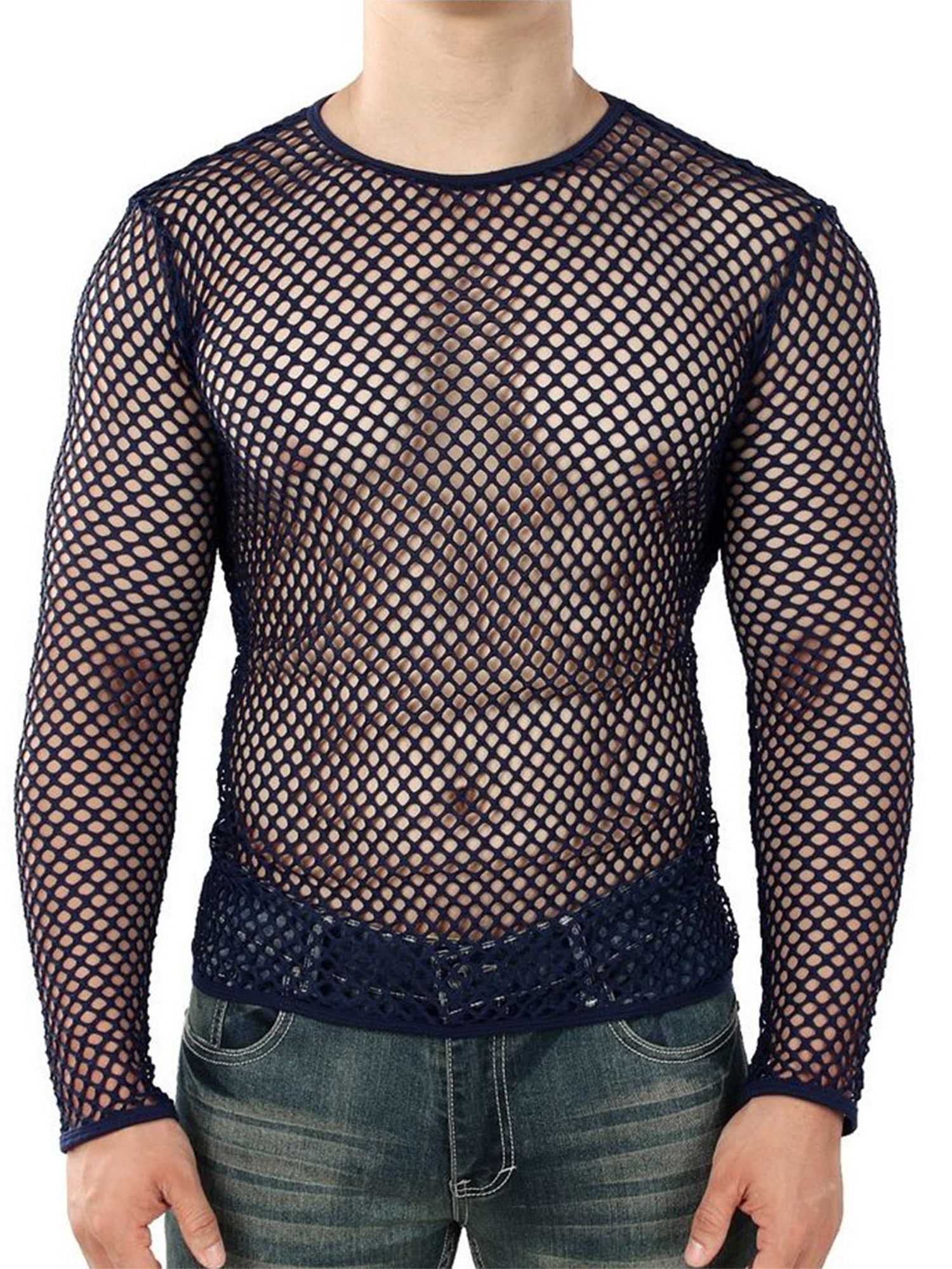 Men's Fishnet Shirt Long Sleeve Hollow-Out T-Shirt See-Through