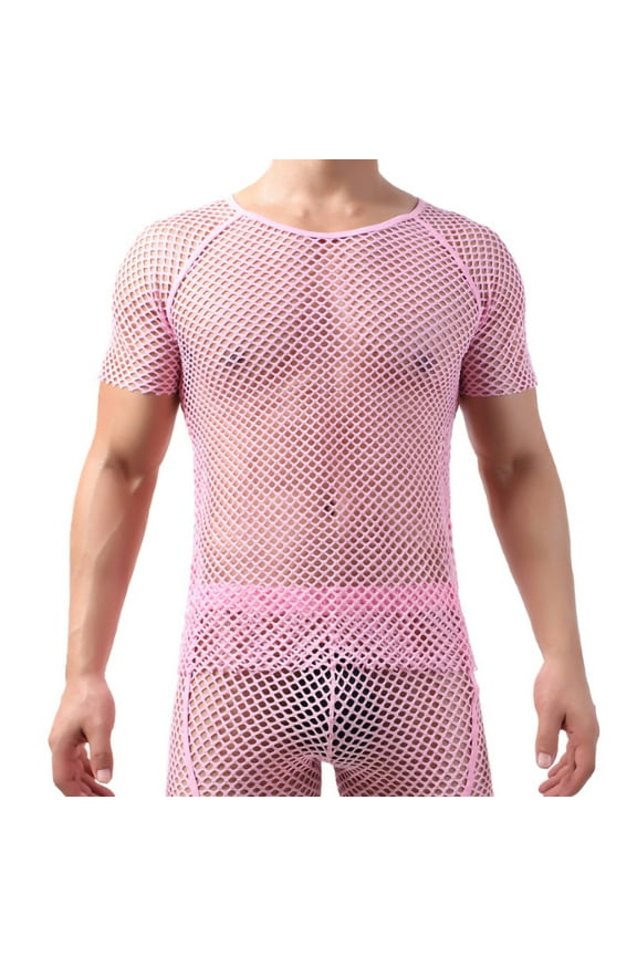 Men's Fishnet Top Short Sleeve Transparent See-Through T-Shirt Slim Fit Muscle Shirt