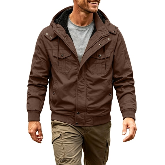 Men's Fit Relaxed Work Coat Fleece Lined Waterproof Workwear Winter Hooded Jacket with Multiple Pockets