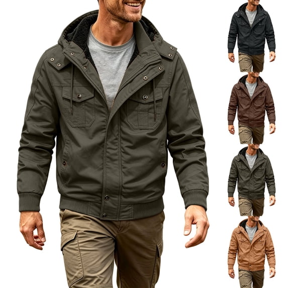 Men's Fit Relaxed Work Coat Fleece Lined Waterproof Workwear Winter Hooded Jacket with Multiple Pockets