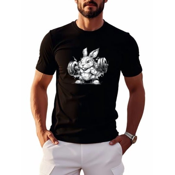 Men's Fitness Lover Graphics Short Sleeve T-Shirt with Muscular Rabbit Lifting Barbell Design