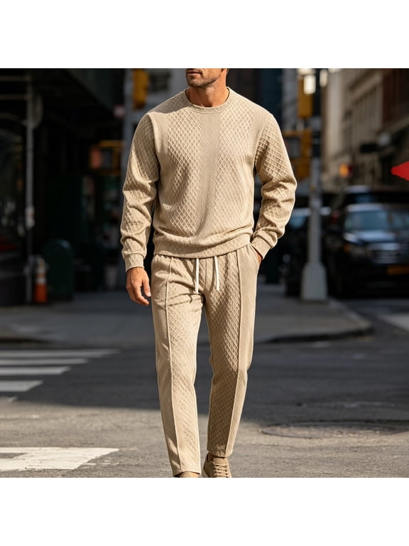 Men's Fitness Two-Piece Set Diamond Embossed Turn-Down Collar Knit Sports Suit Solid Color Loose Drape Drawstring Cropped Pants Outfit Spring Commute Gym Daily Casual Wear