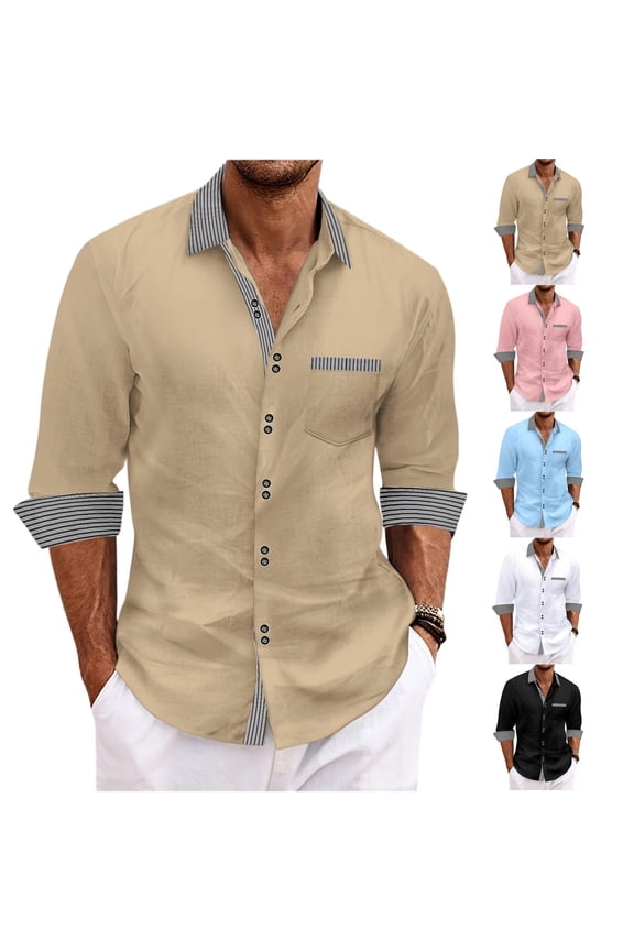 Men's Fitted Striped Color Block Button Shirt, Lapel Long Sleeve Casual Fashion Top for Modern Daily and Semi-Formal Wear, Black L