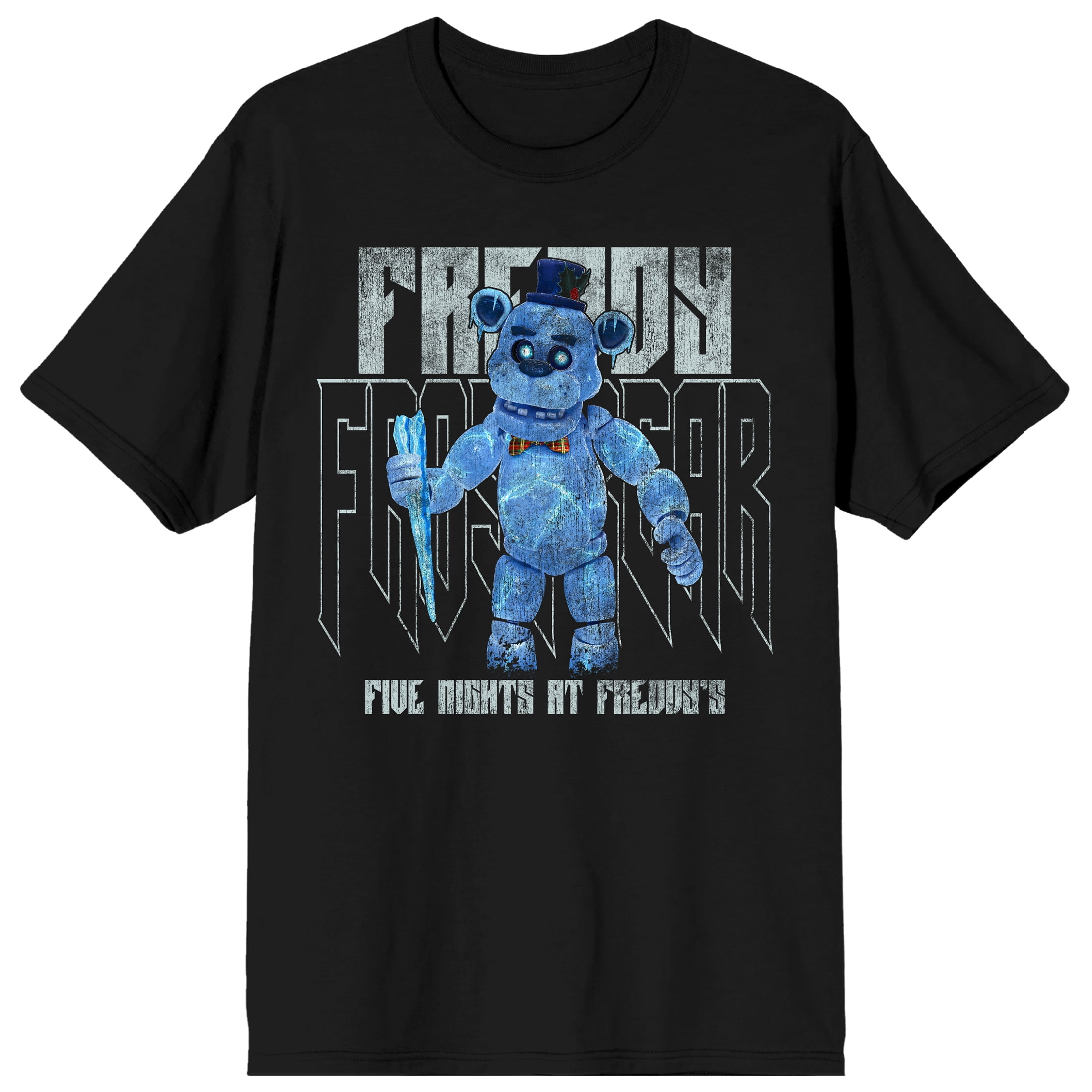 Five Nights At Freddy's Freddy Frostbear Name text and Title text on Black Short Sleeve Adult T-Shirt-3XL