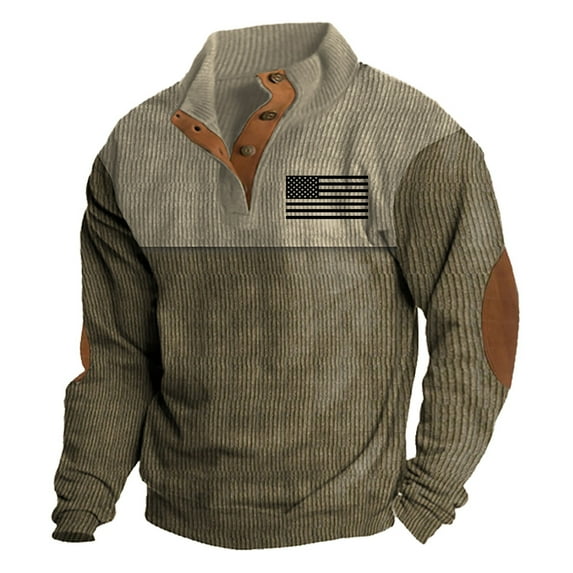 Men's Flag Print Casual Corduroy Sweatshirt, Stand Collar Quarter Button-Up Long Sleeve Pullover with Elbow Panel, Vintage Winter Top