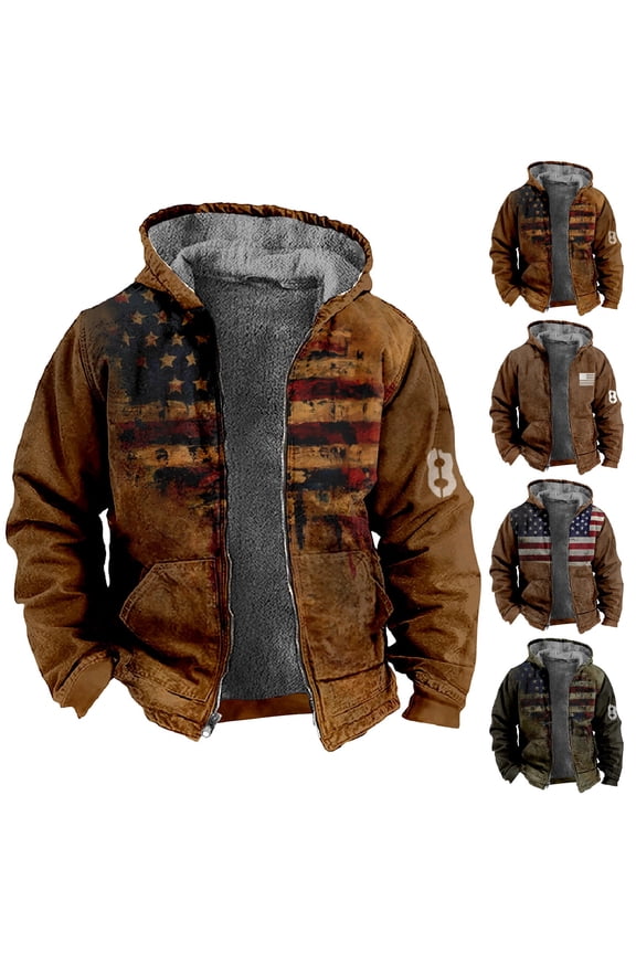 Men's Flag Print Fleece Lined Thickened Jacket with Zipper Hood - Casual Big Size Coat for Winter Fashion, Holiday Gifts, and Snow Activities, Great for Outdoor Enthusiasts,Multicolor,M