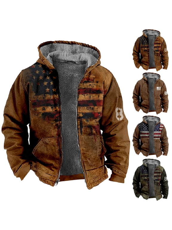 Men's Flag Print Fleece Lined Thickened Jacket with Zipper Hood - Casual Big Size Coat for Winter Fashion, Holiday Gifts, and Snow Activities, Great for Outdoor Enthusiasts,Blue,XL