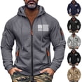 thumbnail image 1 of Men's Flag Print Hoodie with Zipper Arm Pocket, Fleece Cardigan Oversized Casual Pullover for Casual Style, Outdoor,Camel,3XL, 1 of 5