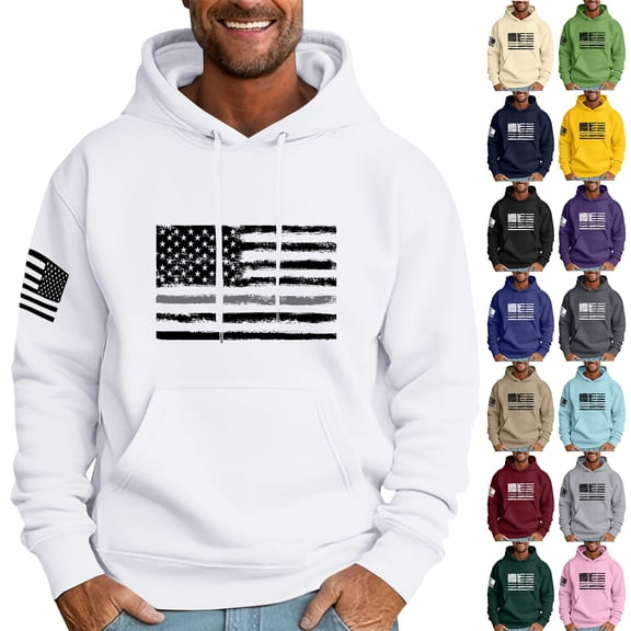 Men's Flag Print Oversized Hooded Sweatshirt, Long Sleeve Loose Fit Fleece Pullover for Casual Wear, Patriotic Style,Pink,5XL
