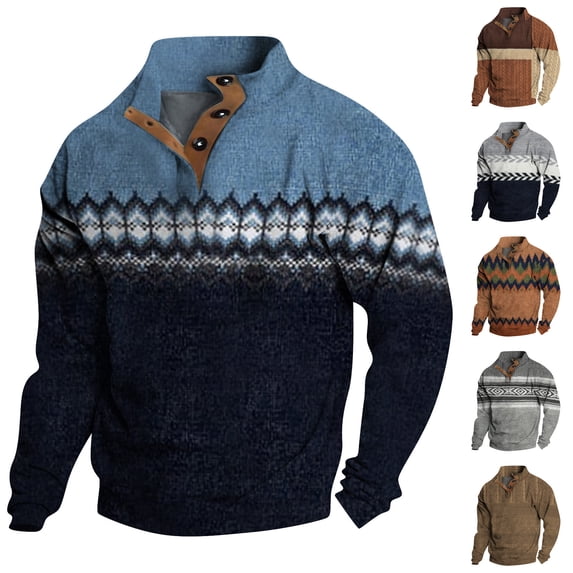 Men's Flag Print Stand Collar Sweatshirt with 3 Buttons, Outdoor Casual Button Front Pullover for Spring Fall,Dark Blue,3XL