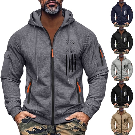 Men's Flag Print Zip Up Hoodie with Arm Pocket, Casual Cardigan Style Sweatshirt, Large Size Fleece Jacket for Independence Day, Christmas, Outdoor Enthusiasts,Multicolor,XL