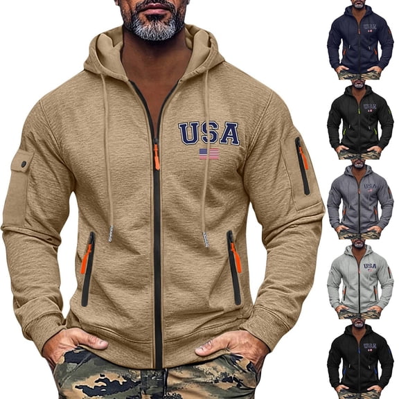 Men's Flag Print Zip Up Hoodie with Arm Pocket, Casual Cardigan Style Sweatshirt, Large Size Fleece Jacket for Memorial Day, Christmas, Outdoor and Lounge,Black,M