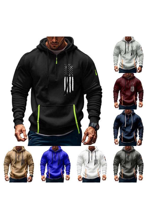 Men's Flag Print Zip Up Hoodie with Arm Pocket, Casual Cardigan Style Sweatshirt, Large Size Fleece Jacket for Outdoor, Christmas Gift, Sports and Lounge,Black,XL