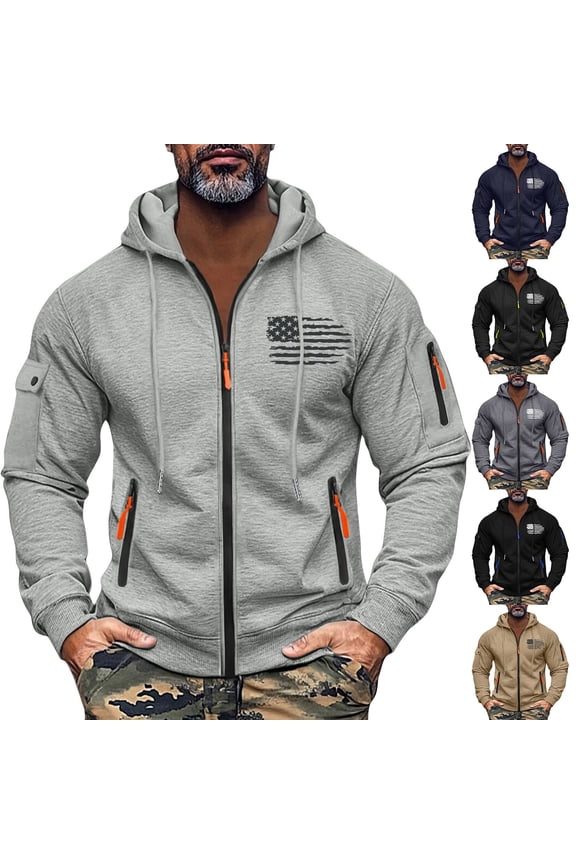 Men's Flag Print Zip Up Hoodie with Arm Pocket, Casual Cardigan Style Sweatshirt, Large Size Fleece Jacket for Patriotic Events, Christmas, Outdoor Activities,Light Gray,L