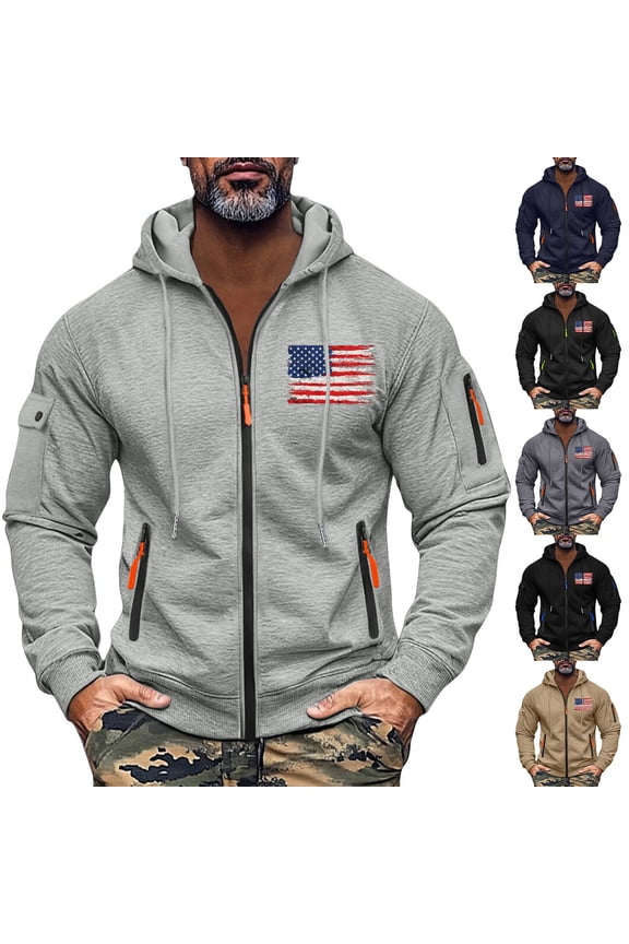 Men's Flag Print Zip Up Hoodie with Arm Pocket, Casual Cardigan Style Sweatshirt, Large Size Fleece Jacket for Veterans Day, Christmas, Patriotic Apparel,Camel,M
