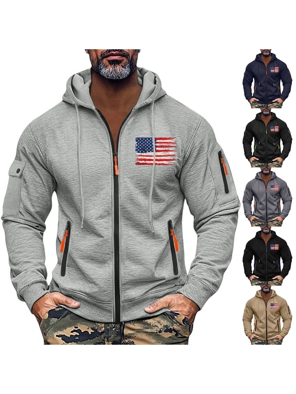 Men's Flag Print Zip Up Hoodie with Arm Pocket, Casual Cardigan Style Sweatshirt, Large Size Fleece Jacket for Veterans Day, Christmas, Patriotic Apparel,Multicolor,XL