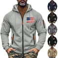 thumbnail image 1 of Men's Flag Print Zip Up Hoodie with Arm Pocket, Casual Cardigan Style Sweatshirt, Large Size Fleece Jacket for Veterans Day, Christmas, Patriotic Apparel,Navy,2XL, 1 of 5