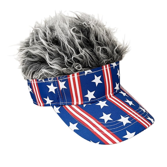 Men's Flair Hair Visor Hat, Adjustable Sun Visor with Spiky Fake Hair Wig, USA Flag Patriotic Golf Cap for Fun Party & Outdoor