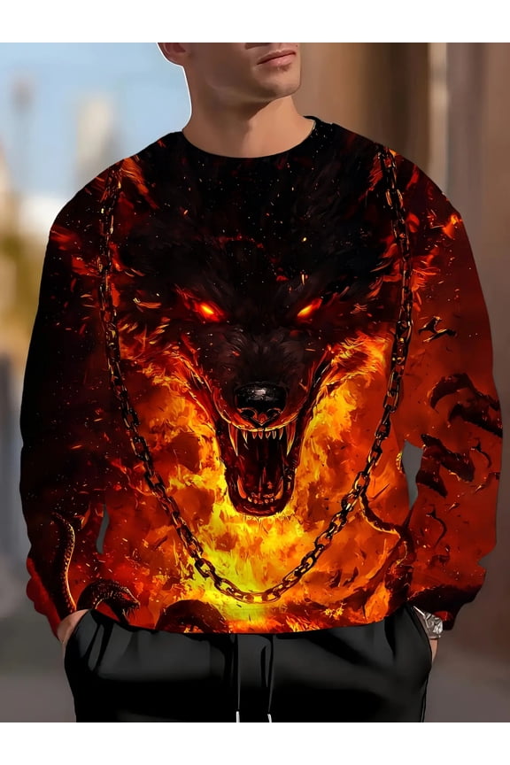 Men's Flame Demon Wolf Full Body Print Sweater - Gothic Style Wolf and Flame Pattern, Knitted Pullover with Pockets, Machine Washable Long Sleeve Sweatshirt, Sports Sweatshirt