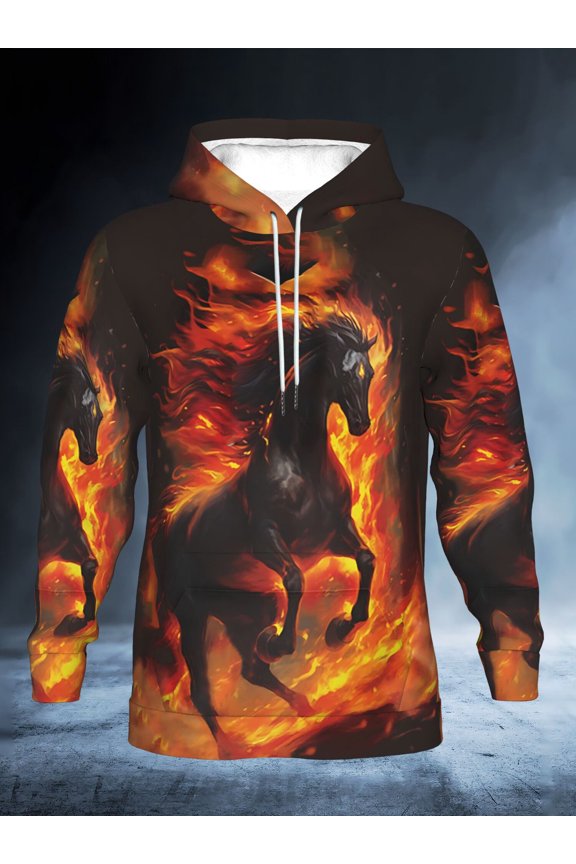 Men's Flame Hooded Sweatshirt - Loose Pullover with Durable Knit Fabric and Slight Stretch, Suitable for Gym and Outdoor Long Sleeve Sweatshirt. Casual Men's Wear, Men's Sweatshirt