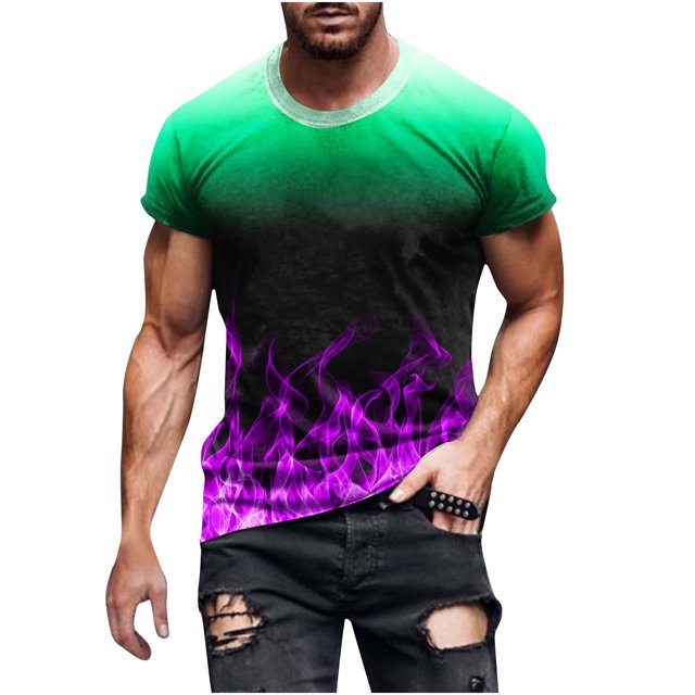 Men's Flame Print Gradient Summer TShirts Casual Crewneck Short Sleeve