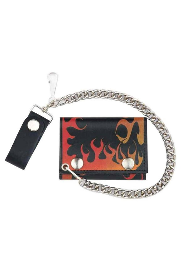 Men's Flames Tri-Fold Biker Styled Chain Wallet, Genuine Leather TC304C-111