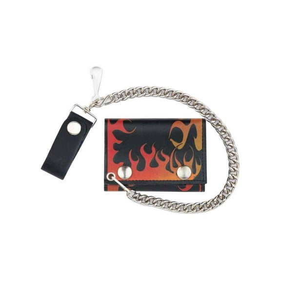 Men's Flames Tri-Fold Biker Styled Chain Wallet, Genuine Leather TC304C-111
