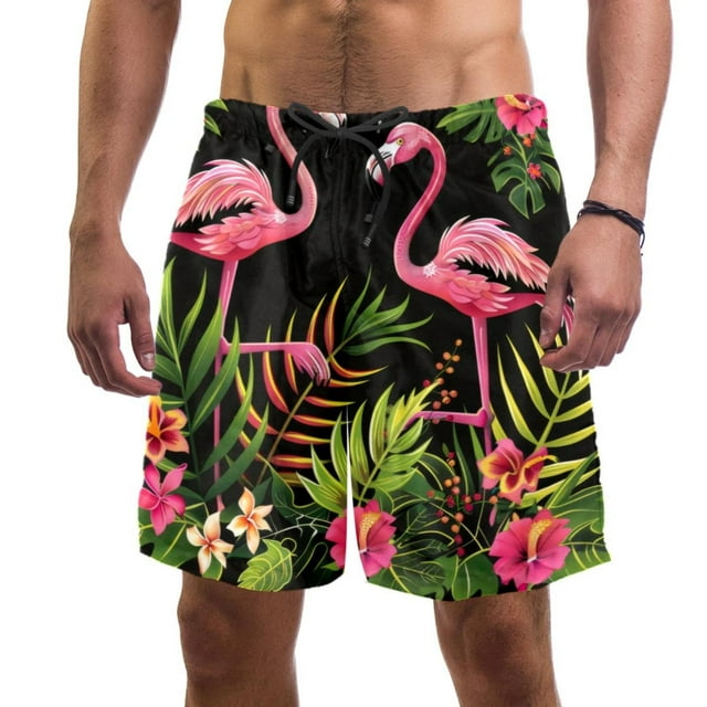 Men's Flamingos Tropical Leaves Swim Trunks Quick Dry Board Shorts