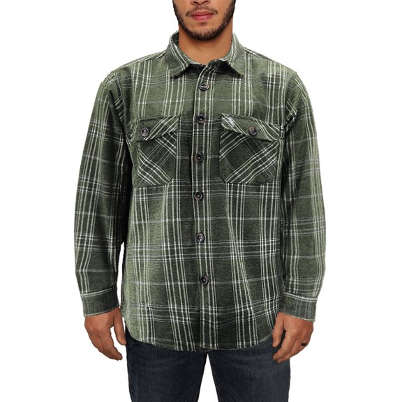Men’s Flannel Button Up Plaid Cotton Blend Long Sleeve Casual Shirt (Olive, L)