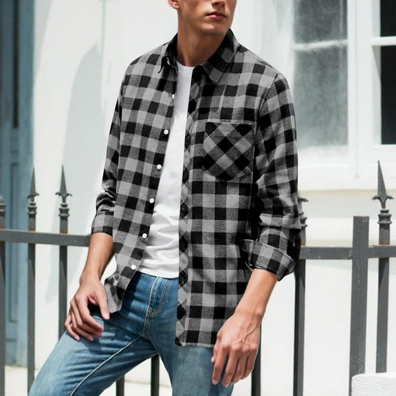 Men's Flannel Casual Plaid Shirts Long Sleeve Button up Lightweight Blouse Fall Comfy Work Jacket with Pockets New Casual Jackets for Men Gray M