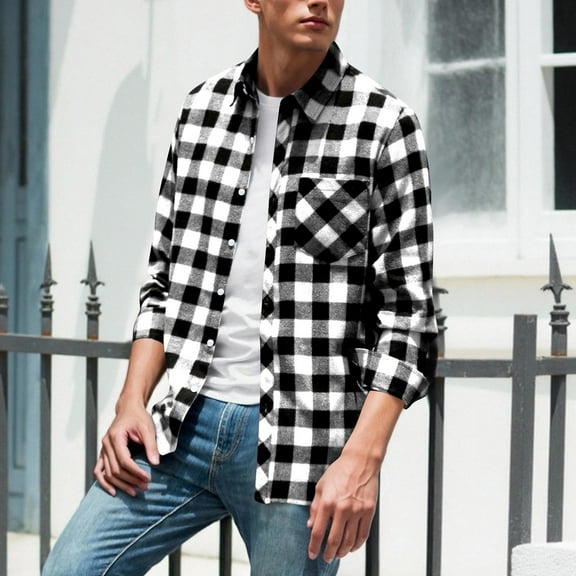 Men's Flannel Casual Plaid Shirts Long Sleeve Button up Lightweight Blouse Fall Comfy Work Jacket with Pockets New Jackets for Men Winter White M