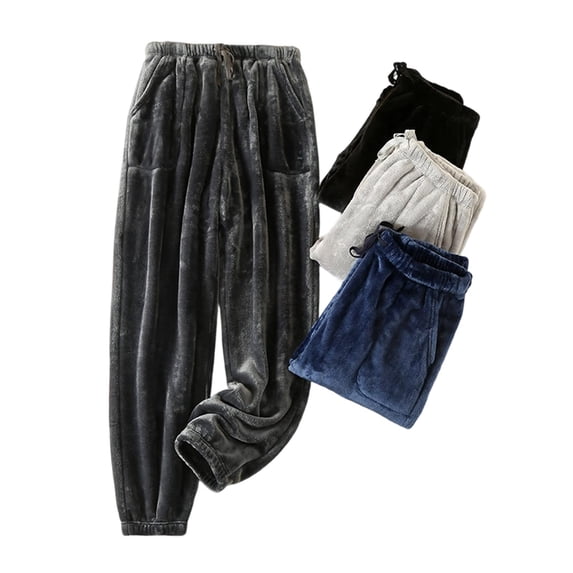Men's Flannel Fleece Pajama Pants, Warm Fuzzy Jogger Cuffed Sleep Bottoms, Drawstring Elastic Waist Winter Loungewear Trousers with Pockets Dark Gray L